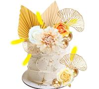 Ephlyn 24 Pack Boho Cake Topper Flower Cake Topper Leaves Cake Decorations Artificial Rose Ginkgo Leaves Balls for Wedding Baby Shower Birthday Boho Flower Themed Party Supplies Gold