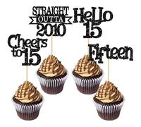 Ephlyn 24Pcs 15th Birthday Cupcake Toppers Glitter Straight Outta 2010 Cupcake Picks Hello 15 Cheers to 15 Years Cake Decorations for 15th Birthday Anniversary Party Decorations Supplies Black