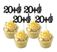 Ephlyn 24Pcs 20+1 Cupcake Toppers Funny 21st Birthday Cupcake Picks Glitter Black Middle Finger Cake Toppers 21st Cupcake Decoration for Happy 21st Birthday Party Anniversary Decorations