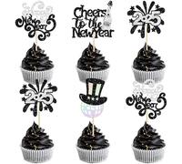 Ephlyn 24Pcs 2025 Happy New Year Cupcake Toppers Glitter Fireworks Cheers to 2025 Cupcake Picks for Welcome 2025 Happy New Year Theme Holiday Party Cake Decorations Supplies Black
