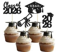 Ephlyn 24Pcs 2026 Graduation Cupcake Toppers Glitter Diploma Congrats Grad Cap Cupcake Picks Class of 2026 Cake Decorations for 2026 Congrats Grad Theme Party Supplies Black 2