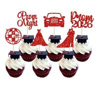 Ephlyn 24Pcs 2026 Graduation Cupcake Toppers Glitter Prom Cake Toppers 2026 Prom Cake Decorations for Class of 2026 Prom Graduation Party Decorations Supplies Red