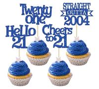 Ephlyn 24Pcs 21st Birthday Cupcake Toppers Glitter Straight Outta 2004 Cupcake Picks Hello 21 Cheers to 21 Years Cake Decorations for 21st Birthday Anniversary Party Decorations Supplies Blue