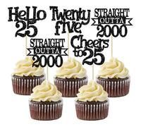 Ephlyn 24Pcs 25th Birthday Cupcake Toppers Glitter Straight Outta 2000 Cupcake Picks Hello 25 Cheers to 25 Years Cake Decorations for 25th Birthday Anniversary Party Decorations Supplies Black