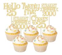 Ephlyn 24Pcs 25th Birthday Cupcake Toppers Glitter Straight Outta 2000 Cupcake Picks Hello 25 Cheers to 25 Years Cake Decorations for 25th Birthday Anniversary Party Decorations Supplies Gold