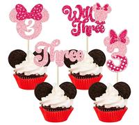 Ephlyn 24Pcs 3rd Birthday Mouse Inspired Cupcake Toppers Third Birthday Party Decorations Red Bow Three Mini Cupcake Picks for Baby Shower Birthday Party Cake Decorations Pink Rose Red