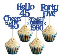 Ephlyn 24Pcs 45th Birthday Cupcake Toppers Glitter Straight Outta 1980 Cupcake Picks Hello 45 Cheers to 45 Years Cake Decorations for 45th Birthday Anniversary Party Decorations Supplies Blue