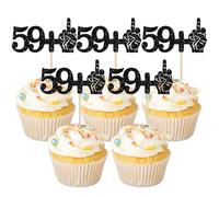 Ephlyn 24Pcs 59+1 Cupcake Toppers Funny 60th Birthday Cupcake Picks Glitter Black Middle Finger Cake Toppers 60 Cupcake Decoration for Happy 60th Birthday Party Anniversary Decorations