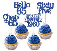 Ephlyn 24Pcs 65th Birthday Cupcake Toppers Glitter Straight Outta 1960 Cupcake Picks Hello 65 Cheers to 65 Years Cake Decorations for 65th Birthday Anniversary Party Decorations Supplies Blue