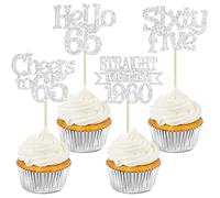 Ephlyn 24Pcs 65th Birthday Cupcake Toppers Glitter Straight Outta 1960 Cupcake Picks Hello 65 Cheers to 65 Years Cake Decorations for 65th Birthday Anniversary Party Decorations Supplies Silver
