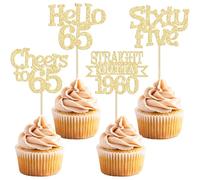 Ephlyn 24Pcs 65th Birthday Cupcake Toppers Glitter Straight Outta 1960 Cupcake Picks Hello 65 Cheers to 65 Years Cake Decorations for 65th Birthday Anniversary Party Decorations Supplies Gold