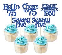 Ephlyn 24Pcs 75th Birthday Cupcake Toppers Glitter Straight Outta 1950 Cupcake Picks Hello 75 Cheers to 75 Years Cake Decorations for 75th Birthday Anniversary Party Decorations Supplies Blue