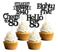 Ephlyn 24Pcs 85th Birthday Cupcake Toppers Glitter Straight Outta 1940 Cupcake Picks Hello 85 Cheers to 85 Years Cake Decorations for 85th Birthday Anniversary Party Decorations Supplies Black