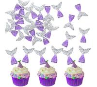 Ephlyn 24pcs Acrylic Mermaid Tails Cupcake Toppers & Mini Wrappers - Mermaid Tail Figurines Cake Decorations for Parties - Purple & Silver