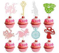 Ephlyn 24Pcs Alice Cupcake Toppers Glitter Bowl Key Clock Fairy Eat Me Cupcake Picks Tea Party Cake Decorations for Baby Shower Kids Boys Girls Birthday Party Supplies