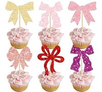 Ephlyn 24Pcs Bow Cupcake Toppers Bow Birthday Cake Topper Girls Birthday Party Decorations Bowknot Cupcake Decorations for Bridal Baby Shower Birthday Wedding Themed Party Pink Gold Purple Rose Red