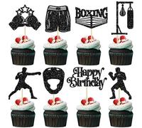 Ephlyn 24Pcs Boxing Player Cupcake Toppers Glitter Boxing Gloves Cupcake Pick Decorations Boxer Gym Theme Baby Shower Birthday Party Supplies Black