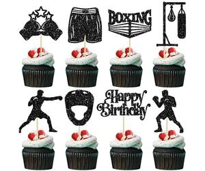 Ephlyn 24Pcs Boxing Player Cupcake Toppers Glitter Boxing Gloves Cupcake Pick Decorations Boxer Gym Theme Baby Shower Birthday Party Supplies Black