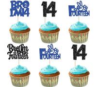 Ephlyn 24Pcs Bro I'm 14 Cupcake Toppers Glitter Boy 14th Birthday Cupcake Pick Decorations for Cheers to Fourteen Years Old Big Brother 14th Birthday Party Supplies