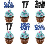 Ephlyn 24Pcs Bro I'm 17 Cupcake Toppers Glitter Boy 17th Birthday Cupcake Pick Decorations for Cheers to Seventeen Years Old Big Brother 17th Birthday Party Supplies