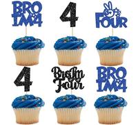 Ephlyn 24Pcs Bro I'm 4 Cupcake Toppers Glitter Boy 4th Birthday Cupcake Pick Decorations for Cheers to Four Years Old Big Brother 4th Birthday Party Supplies