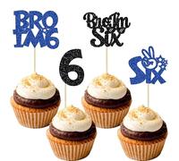 Ephlyn 24Pcs Bro I'm 6 Cupcake Toppers Glitter Boy 6th Birthday Cupcake Pick Decorations for Cheers to Six Years Old Big Brother 6th Birthday Party Supplies