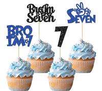 Ephlyn 24Pcs Bro I'm 7 Cupcake Toppers Glitter Boy 7th Birthday Cupcake Pick Decorations for Cheers to Seven Years Old Big Brother 7th Birthday Party Supplies