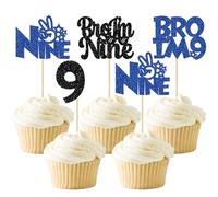 Ephlyn 24Pcs Bro I'm 9 Cupcake Toppers Glitter Boy 9th Birthday Cupcake Pick Decorations for Cheers to Nine Years Old Big Brother 9th Birthday Party Supplies