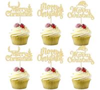 Ephlyn 24Pcs Christmas Cupcake Toppers - Merry Christmas & Xmas Holiday Cake Decorations - Gold