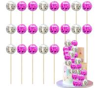 Ephlyn 24Pcs Christmas Disco Ball Cupcake Toppers Disco Ball Cupcake Picks Mini Disco Ball Cake Toppers Decorations for Disco Theme Party 70s Disco Party Decorations Rose Red Silver