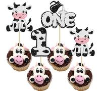 Ephlyn 24Pcs Cow First Birthday Cupcake Toppers Glitter Farm Animals Moo One Cupcake Pick Decorations for Baby Shower 1st Birthday Party Supplies Black