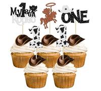 Ephlyn 24Pcs Cowboy 1st Birthday Cupcake Toppers Glitter First Birthday Hat Cowboy One Cake Decorations for Western Theme Baby Shower Kids Boys 1st Birthday Party Supplies White