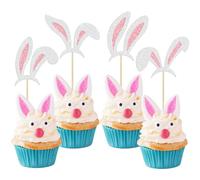 Ephlyn 24Pcs Easter Bunny Ear Cupcake Toppers Glitter Cute Happy Easter Cake Pick Decorations for Easter Spring Theme Baby Shower Kids Birthday Party Supplies