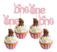 Ephlyn 24Pcs Easter Bunny One Cupcake Toppers Pink Glitter Happy Easter Cupcake Picks 1st Birthday Cake Decorations for Easter Theme Spring Birthday Baby Shower Party Supplies