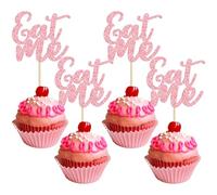 Ephlyn 24Pcs Eat Me Cupcake Toppers Glitter Wonderland Cupcake Picks Baby Shower Boys Girls Kids Birthday Alice in Wonderland Theme Party Cake Decorations Supplies Pink