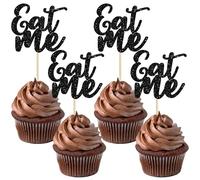 Ephlyn 24Pcs Eat Me Cupcake Toppers Glitter Wonderland Cupcake Picks for Fairytale Wonderland Theme Baby Shower Kids Boys Girls Birthday Party Cake Decorations Supplies Black
