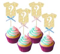 Ephlyn 24Pcs Gender Reveal Cupcake Toppers Glitter Pink Blue Bow Onesie Question Mark Boy or Girl Cake Topper Decorations for Baby Shower Theme Gender Reveal Kids Birthday Party Supplies Gold