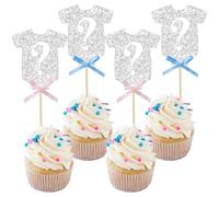 Ephlyn 24Pcs Gender Reveal Cupcake Toppers Glitter Pink Blue Bow Onesie Question Mark Boy or Girl Cake Topper Decorations for Baby Shower Theme Gender Reveal Kids Birthday Party Supplies Silver