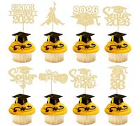Ephlyn 24Pcs Graduation 2026 Cupcake Toppers Glitter Senior Class of 2026 Cupcake Toppers Diploma Grad Cap Cupcake Picks 2026 for Grade Graduation Party Supplies Gold