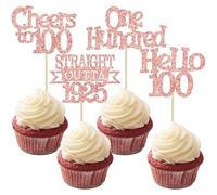 Ephlyn 24Pcs Happy 100th Birthday Cupcake Toppers Glitter Cupcake Picks Hello 100 Cheers to 100 Years Birthday Cake Decorations for 100th Birthday Anniversary Party Supplies Rose Gold