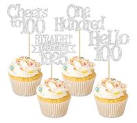 Ephlyn 24Pcs Happy 100th Birthday Cupcake Toppers Glitter Straight Outta 1925 Cupcake Picks Hello 100 Cheers to 100 Years Birthday Cake Decorations for 100th Birthday Anniversary Party Supplies Silver