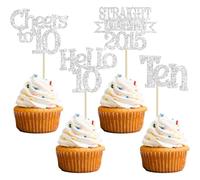 Ephlyn 24Pcs Happy 10th Birthday Cupcake Toppers Glitter Ten Cupcake Picks Hello 10 Cheers to 10 Years Cake Decorations for 10th Birthday Anniversary Party Decorations Supplies Silver