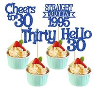 Ephlyn 24Pcs Happy 30th Birthday Cupcake Toppers Glitter Thirty Cupcake Picks Hello 30 Cheers to 30 Years Cake Decorations for 30th Birthday Anniversary Party Decorations Supplies Blue