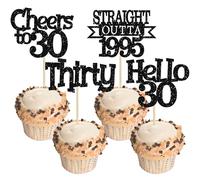 Ephlyn 24Pcs Happy 30th Birthday Cupcake Toppers Glitter Thirty Cupcake Picks Hello 30 Cheers to 30 Years Cake Decorations for 30th Birthday Anniversary Party Decorations Supplies Black