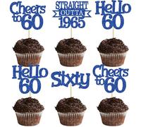 Ephlyn 24Pcs Happy 60th Birthday Cupcake Toppers Glitter Straight Outta 1965 Cupcake Picks Hello 60 Cheers to 60 Years Birthday Cake Decorations for 60th Birthday Anniversary Party Supplies Blue