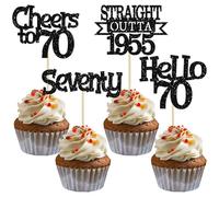 Ephlyn 24Pcs Happy 70th Birthday Cupcake Toppers Glitter Straight Outta 1955 Cupcake Picks Hello 70 Cheers to 70 Years Birthday Cake Decorations for 70th Birthday Anniversary Party Supplies Black