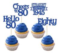 Ephlyn 24Pcs Happy 80th Birthday Cupcake Toppers Glitter Straight Outta 1945 Cupcake Picks Hello 80 Cheers to 80 Years Birthday Cake Decorations for 80th Birthday Anniversary Party Supplies Blue