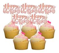 Ephlyn 24Pcs Happy Birthday Cupcake Toppers Double Layer Glitter Happy Birthday Cake Decorations for Baby Shower Theme Kids Boys Girls Birthday Anniversary Party Decorations Supplies Rose Gold