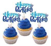 Ephlyn 24Pcs Happy Birthday Cupcake Toppers Double Layer Glitter Happy Birthday Cake Decorations for Baby Shower Theme Kids Boys Girls Birthday Anniversary Party Decorations Supplies Blue