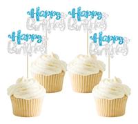 Ephlyn 24Pcs Happy Birthday Cupcake Toppers Double Layer Glitter Happy Birthday Cake Decorations for Winter Wonderland Baby Shower Theme Anniversary Party Decorations Supplies Blue Silver